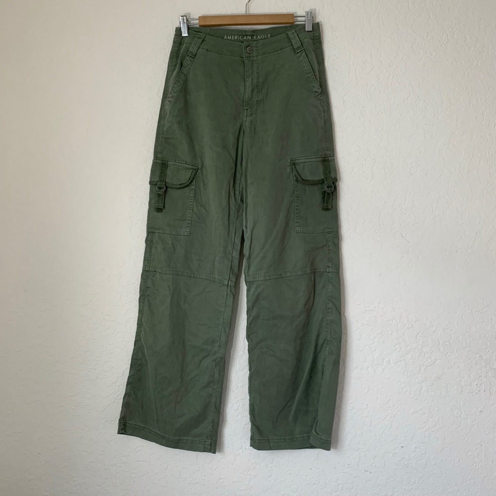 American Eagle Cargo Pants Women 2 Green Super High Rise Baggy Wide Leg Gorpcore
